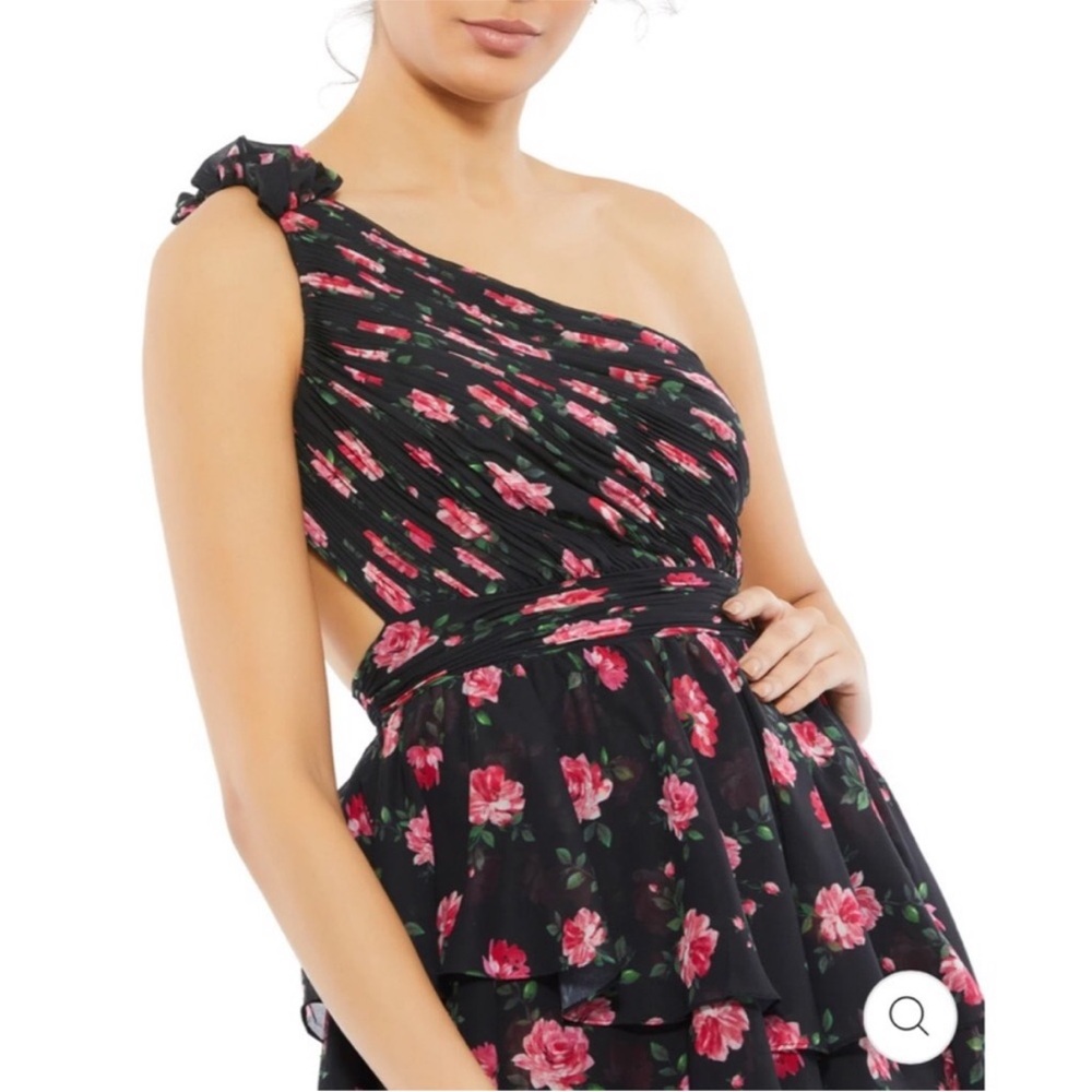 Mac Duggal One shoulder Ruffled Rose Print layered high low dress 70246 - Picture 2 of 8